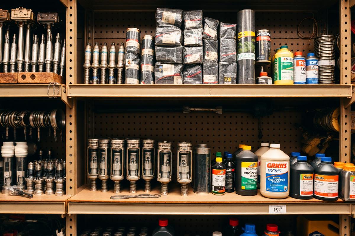 Estantería con repuestos, bujías y lubricantes disponibles en SYLNEX PARTS